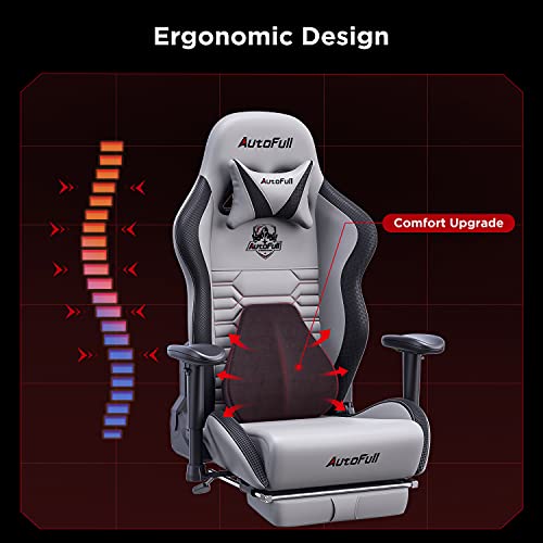 AutoFull Silla Gaming Silla Gamer Ergonómica Silla de Oficina Cuero de PU Silla de Escritorio,Altura e inclinación Ajustables,Reposacabezas y Soporte Lumbar,Reposapiés,Gris