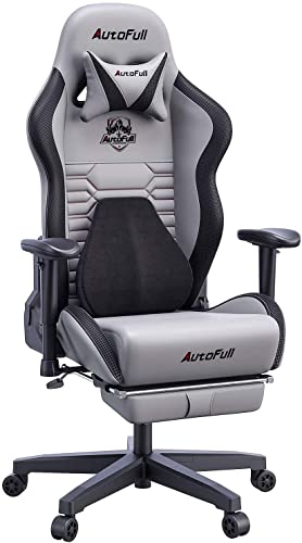 AutoFull Silla Gaming Silla Gamer Ergonómica Silla de Oficina Cuero de PU Silla de Escritorio,Altura e inclinación Ajustables,Reposacabezas y Soporte Lumbar,Reposapiés,Gris