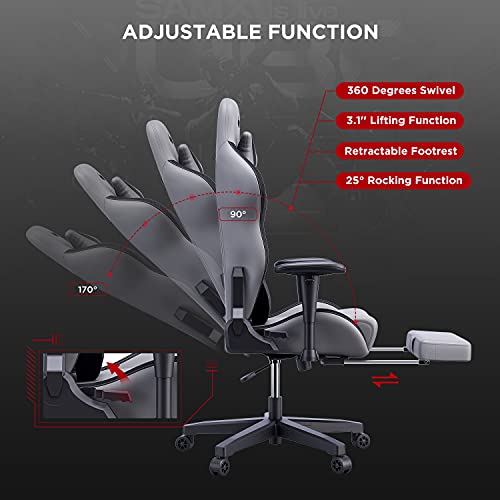 AutoFull Silla Gaming Silla Gamer Ergonómica Silla de Oficina Cuero de PU Silla de Escritorio,Altura e inclinación Ajustables,Reposacabezas y Soporte Lumbar,Reposapiés,Gris