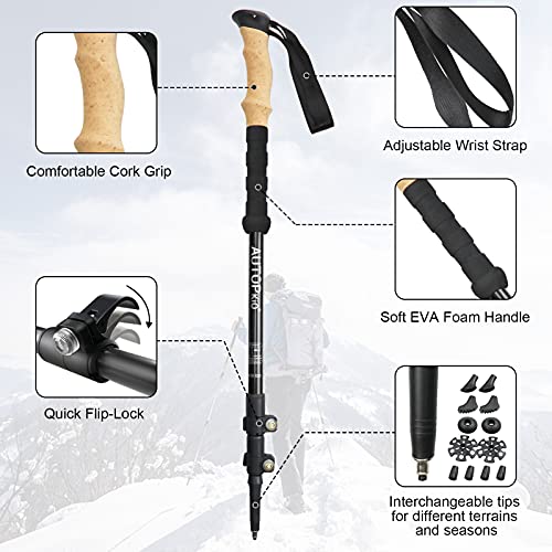 AUTOPkio Bastones de Senderismo, Telescópicos Ultraligeros Aluminio Bastones Marcha Nordica, Bastones Trekking con Sistema Bloqueo Rápido para Camping, Montañismo, Mochilero, Caminar (Negro)