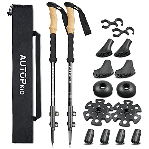 AUTOPkio Bastones de Senderismo, Telescópicos Ultraligeros Aluminio Bastones Marcha Nordica, Bastones Trekking con Sistema Bloqueo Rápido para Camping, Montañismo, Mochilero, Caminar (Negro)