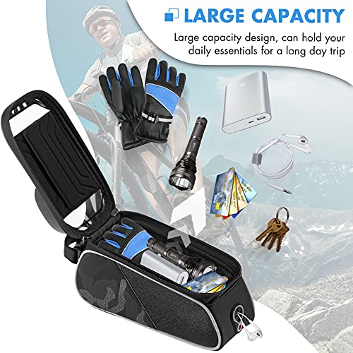 AUTOXEL Bolsas de Bicicleta Impermeable, 7 Pulgadas Bolsa Bicicleta Cuadro, Bolsa Soporte Móvil para Bicicleta, Bolsa Táctil de Tubo Superior Delantero con Orificio para Auriculares para Teléfono