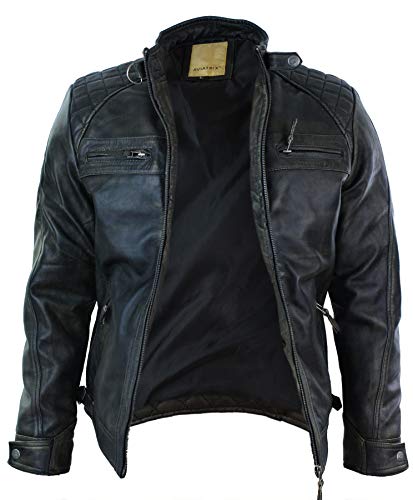 Aviatrix Chaqueta Estilo Retro Biker de Cuero auténtico Suave para Caballero en Mucho Colores Negro-Marrón- Medium