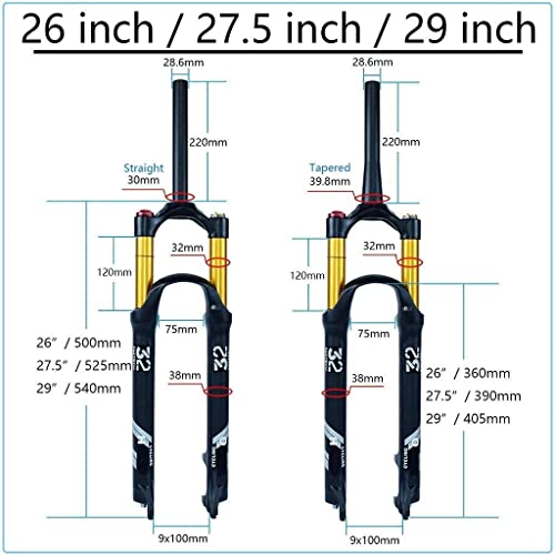 AWJ Horquillas de suspensión de Bicicleta de montaña de Aire MTB 140 mm de Recorrido, 26"27,5" 29"Aleación Ligera 9 mm Horquilla de Bicicleta de Freno de Disco QR