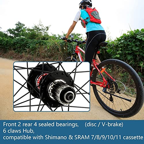 AWJ Ruedas de Bicicleta Juego de Ruedas de Bicicleta 26, Ruedas de Bicicleta Delanteras traseras Doble Pared MTB Bicicleta de montaña Rodamientos sellados Buje V-Brake Híbrido/Freno de di