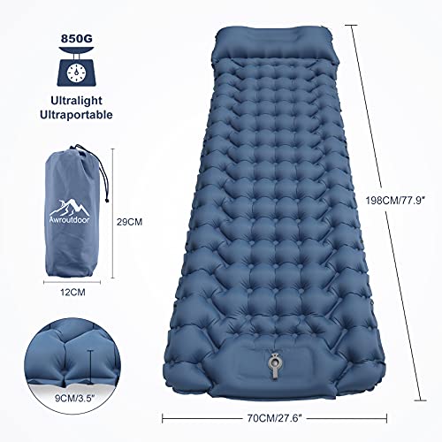 Awroutdoor Esterilla Camping con Almohadas, Esterilla Inflable Portatíl Colchón de Aire Hinchable Ultraligera y Plegable para Camping, Exteriores, Senderismo