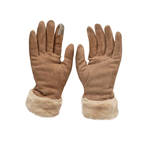 AXELENS Guantes Mujer Pantalla Táctil de Gamuza con Afelpado Interno Elegantes con Puños de Piel Suave Ecológica, Niñas, Chicas - Talla S/M - Marron Claro/Beige