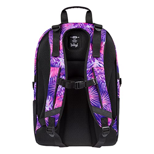 Baagl Mochila escolar para niños, niñas, adolescentes, monopatín, mochila infantil con compartimento para portátil y correa en el pecho para la escuela, Skate Violet,