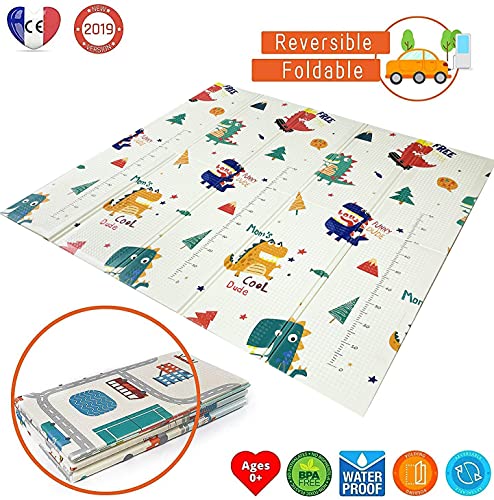 Babify Alfombra de Juegos para bebés espesor 1 cm, plegable, antideslizante, extragrande, reversible, impermeable, portátil, de doble cara (180x200x1.0cm) - Modelo Dinos + Tiger Baby