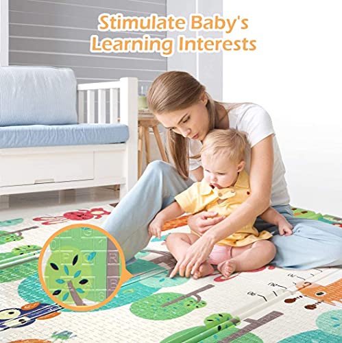 Babify Alfombra de Juegos para bebés espesor 1 cm, plegable, antideslizante, extragrande, reversible, impermeable, portátil, de doble cara (180x200x1.0cm) - Modelo Dinos + Tiger Baby