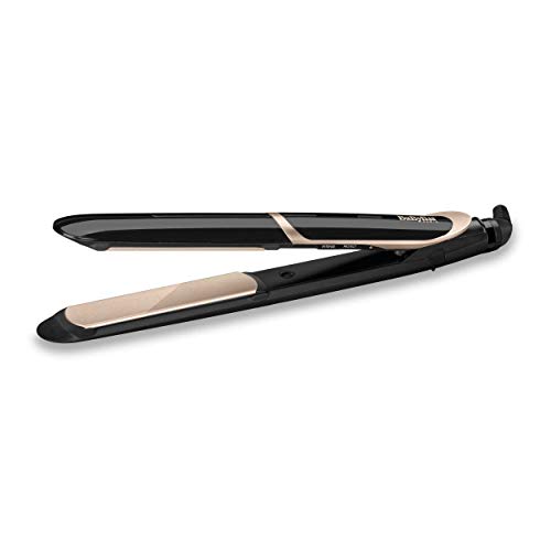 BaByliss ST393E Plancha de pelo profesional, iónica, placas flotantes extra largas de cerámica de titanio, 6 ajustes de 140ºC a 235ºC, modo intenso y protección