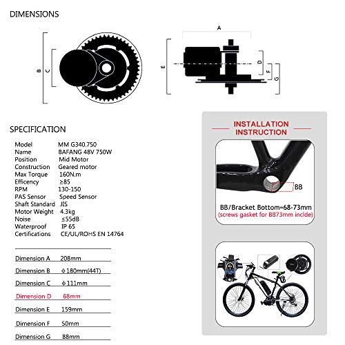 Bafang 48V 750W Mid Drive Kit de conversión Bicicleta eléctrica Kit de Motor Medio E-Bike para Adultos Ciclismo para Bicicletas de Carretera Bicicleta de montaña