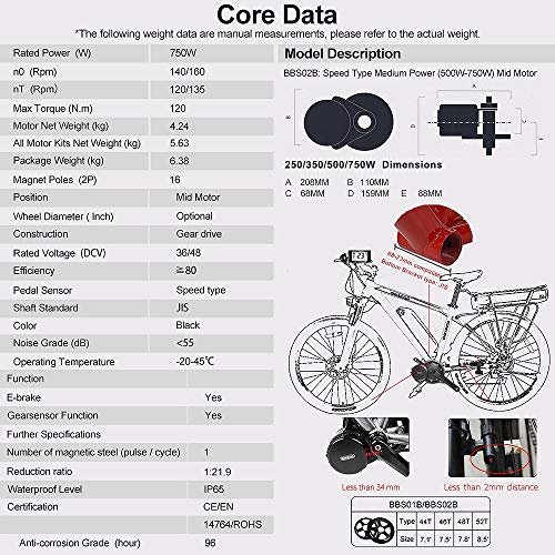BAFANG Ebike BBS02B 48V 750W Kit de Conversión de Bicicleta de montaña con Motor Central Bicicleta con Batería de 48V 11.6/13/17.5/18Ah Hailong, Batería Yingwu 20Ah, 15Ah/17,5Ah Portaequipajes Batería