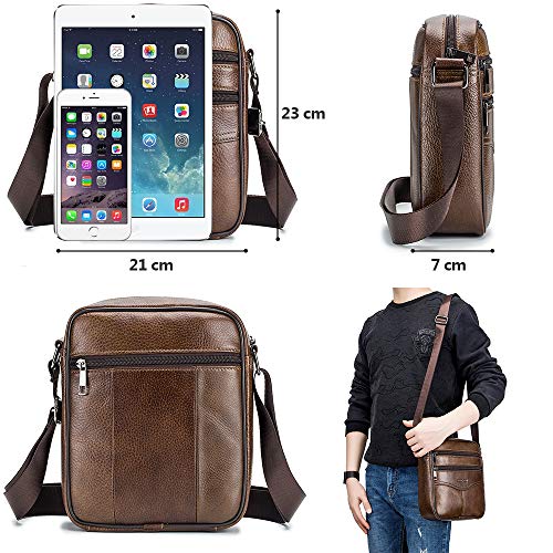 BAGZY Bolso Hombre Bolso Hombre Bandolera de Cuero Bandolera Hombre Piel Pequeño Messenger Hombre Piel Genuina Bolso de Negocios Regalo de Hombres Marrón