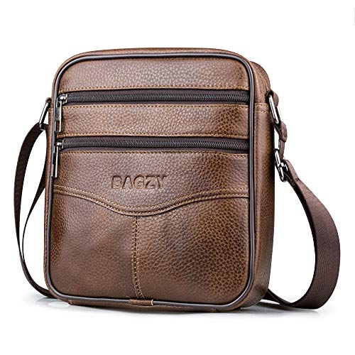 BAGZY Bolso Hombre Bolso Hombre Bandolera de Cuero Bandolera Hombre Piel Pequeño Messenger Hombre Piel Genuina Bolso de Negocios Regalo de Hombres Marrón
