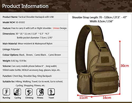 BAIGIO Mochila Cruzada para Hombro Bandolera Mochila de Pecho Estilo Militar Sling Mochila Frontal con USB Recargable Bolso Messenger para Usar al Aire Libre Camping Ciclismo (Marrón)