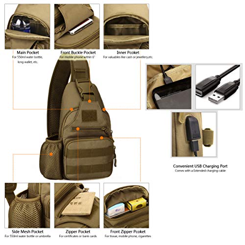 BAIGIO Mochila Cruzada para Hombro Bandolera Mochila de Pecho Estilo Militar Sling Mochila Frontal con USB Recargable Bolso Messenger para Usar al Aire Libre Camping Ciclismo (Marrón)