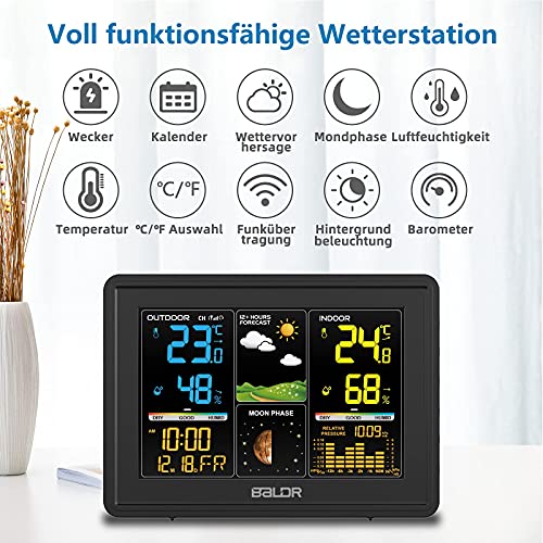 BALDR Estación meteorológica inalámbrica con sensor exterior, pantalla digital a color para interior y exterior, termómetro, higrómetro con previsión meteorológica, barómetro y fase lunar (negro)