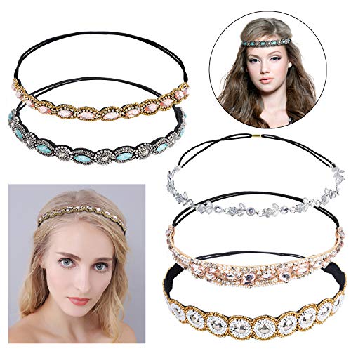 Bandas para la Cabeza Elásticas, Zoylink 5 Piezas aro Diadema Cristal Diamante de Imitación Bandas para el Pelo Accesorios para el Cabello de la Boda para Mujer (Multicolor 1)