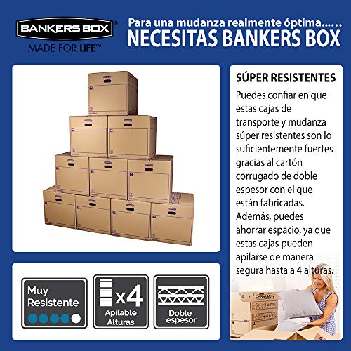 BANKERS BOX 6207301 Pack 10 Cajas de Cartón 55 x 35 x 35 cm con Asas para Mudanzas, Almacenaje y Transporte Ultraresistentes, Canal Doble Reforzado (Talla XL) 67 litros