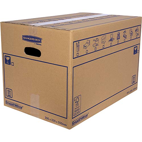 BANKERS BOX 6207301 Pack 10 Cajas de Cartón 55 x 35 x 35 cm con Asas para Mudanzas, Almacenaje y Transporte Ultraresistentes, Canal Doble Reforzado (Talla XL) 67 litros