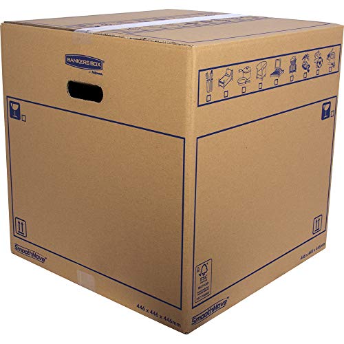 BANKERS BOX 6207401 Pack 10 Cajas de Cartón 44,5 x 44,5 x 44,5 cm con Asas para Mudanzas, Almacenaje y Transporte Ultraresistentes, Canal Doble Reforzado (Talla XXL) 88,5 litros