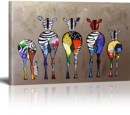 Banksy Lienzo Zebra Herd Colourful Rears Cuadros modernos Impreso sobre lienzo, Con Marco XXL, para decorar el salón, dormitorio, cocina, oficina, bar o restaurante 70x100cm
