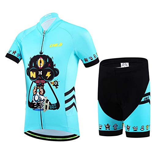 Baotung Maillot de ciclismo para niños, camiseta de manga corta y pantalón de ciclismo con almohadilla para el asiento, diseño de dibujos animados, talla 146 (etiqueta XXL)