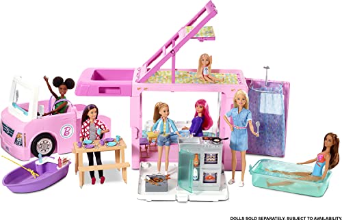 Barbie DreamCamper 3 en 1 - Autocaravana Transformable - Con Piscina, Camioneta y Barca - Rosa - 50 Accesorios - 1 m - Regalo para Niños de 3-7 Años