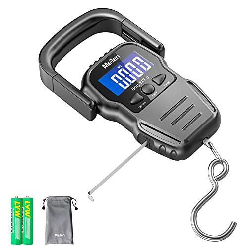 Báscula de Equipaje, Báscula de Pescado de 110 lb / 50 kg con Pantalla LCD Retroiluminada, Báscula Digital Para Maleta con Mango Cómodo y Cinta Métrica y 2 Pilas AAA (Negro)