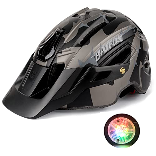 BAT FOX Casco de Bicicleta de montaña para Adultos Casco Ligero de Ciclismo MTB con dial de Ajuste Luz Trasera Casco de Bicicleta (Negro Titanio, Adulto (58-61 CM))