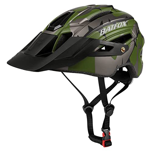 BAT FOX Casco de Bicicleta de montaña para Adultos Casco Ligero de Ciclismo MTB con dial de Ajuste Luz Trasera Casco de Bicicleta (Verde Ejercito, Adulto (58-61 CM))