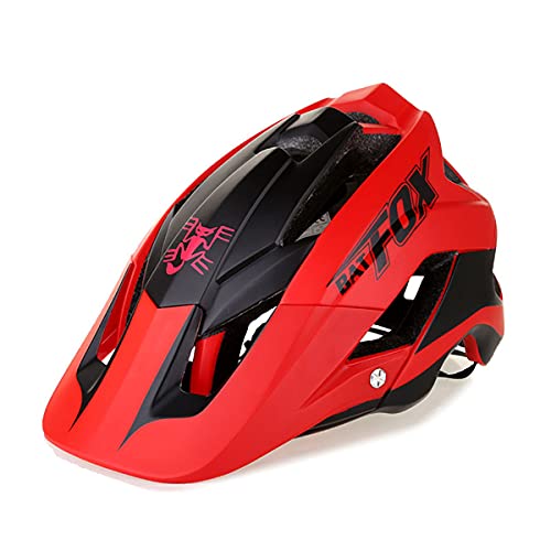 BAT FOX Casco de Ciclismo General para Hombres y Mujeres Adultos, Casco de Bicicleta de Montaña de Tamaño Ajustable de 56-62 cm con Visera Solar Desmontable (Rojo Negro)