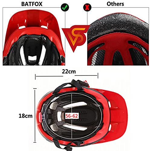 BAT FOX Casco de Ciclismo General para Hombres y Mujeres Adultos, Casco de Bicicleta de Montaña de Tamaño Ajustable de 56-62 cm con Visera Solar Desmontable (Rojo Negro)