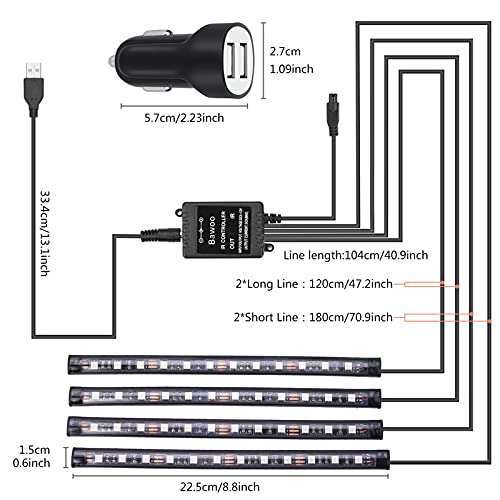 Bawoo, Led Coche Interior Impermeable, Led Iluminación Interior del Coche Llevaron, El Color de la Decoración de la Lámpara para El Coche con El Encendedor del Cigarro del Cargador del USB