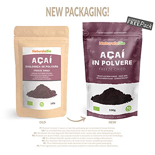 Bayas de Acai Orgánico en Polvo - Freeze-Dried - 100g. Pure Acaí Berry Powder Extracto crudo de la pulpa de la baya de açaí liofilizado. Bio cultivado en Brasil. Superalimento Ecológico.