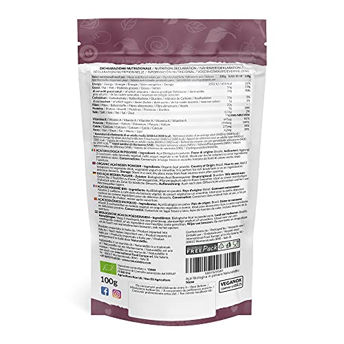 Bayas de Acai Orgánico en Polvo - Freeze-Dried - 100g. Pure Acaí Berry Powder Extracto crudo de la pulpa de la baya de açaí liofilizado. Bio cultivado en Brasil. Superalimento Ecológico.