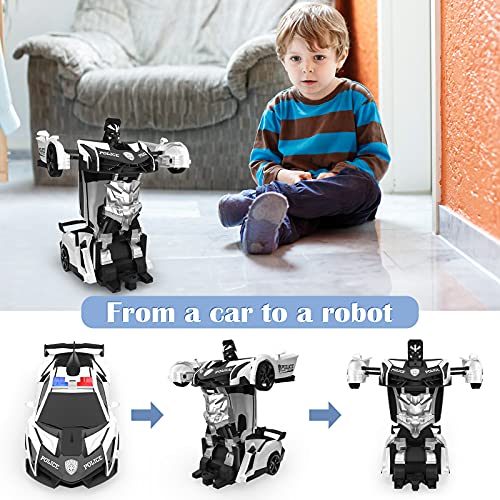 Baztoy Coche Teledirigido, 2 in 1 Coche & Robot Coches Policia Transformable, 2.4GHz Coche Radiocontrol con 360° Rotazione, Coches de Juguetes Niños 3-12 Años para Regalo Navidad Juegos