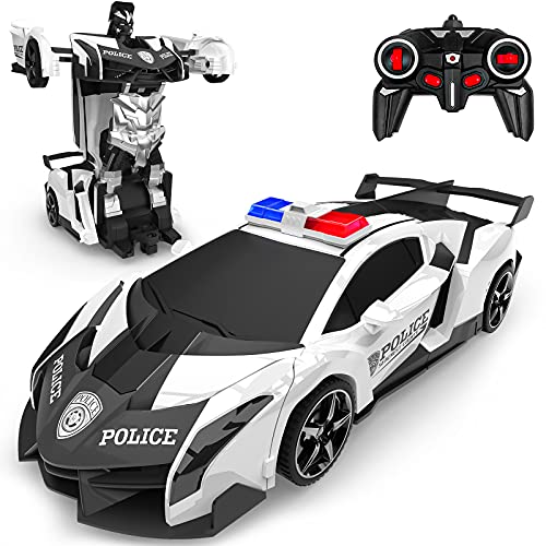 Baztoy Coche Teledirigido, 2 in 1 Coche & Robot Coches Policia Transformable, 2.4GHz Coche Radiocontrol con 360° Rotazione, Coches de Juguetes Niños 3-12 Años para Regalo Navidad Juegos