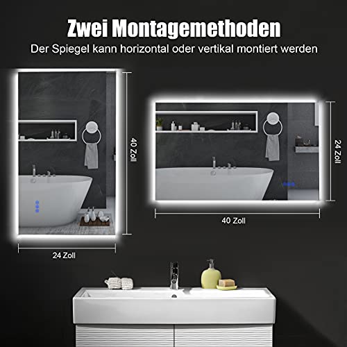 BBE 1000 x 600 mm LED Espejo de baño con luz Regulable antivaho Montaje en Pared (Horizontal/Vertical) (40 x 24 Pulgadas)