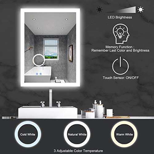 BBE Espejo de baño LED de 800 x 600 mm, con luz Regulable, antivaho, Montaje en Pared (Horizontal/Vertical) (32 x 24 Pulgadas)