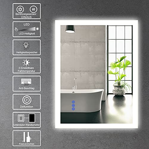 BBE Espejo de baño LED de 800 x 600 mm, con luz Regulable, antivaho, Montaje en Pared (Horizontal/Vertical) (32 x 24 Pulgadas)