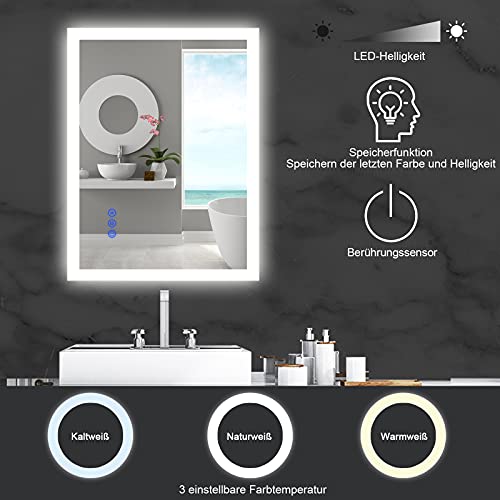 BBE Espejo de baño LED de 800 x 600 mm, con luz Regulable, antivaho, Montaje en Pared (Horizontal/Vertical) (32 x 24 Pulgadas)
