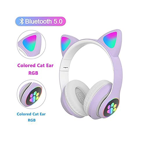 BCM Auriculares Niños Inalámbricos Luz LED Cascos Diadema Orejas de Gato para Niñas Niños, Bluetooth Plegables Micro SD TV Regalo Cumpleaños Navidad Morado (Azul)