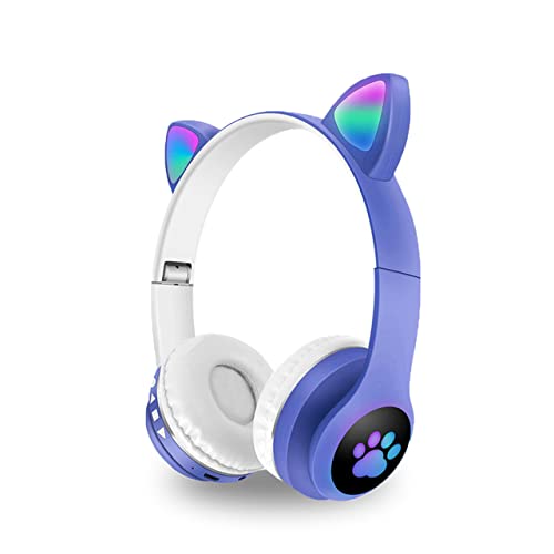 BCM Auriculares Niños Inalámbricos Luz LED Cascos Diadema Orejas de Gato para Niñas Niños, Bluetooth Plegables Micro SD TV Regalo Cumpleaños Navidad Morado (Azul)