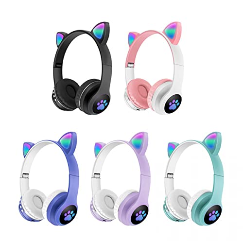 BCM Auriculares Niños Inalámbricos Luz LED Cascos Diadema Orejas de Gato para Niñas Niños, Bluetooth Plegables Micro SD TV Regalo Cumpleaños Navidad Morado (Azul)