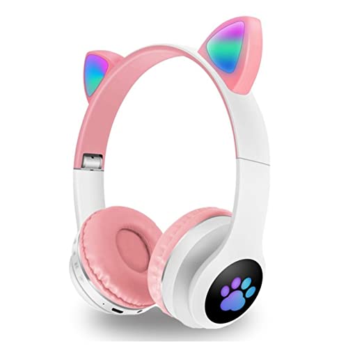 BCM Auriculares Niños Inalámbricos Luz LED Cascos Diadema Orejas de Gato para Niñas Niños, Bluetooth Plegables Micro SD TV Regalo Cumpleaños Navidad Morado (Azul)