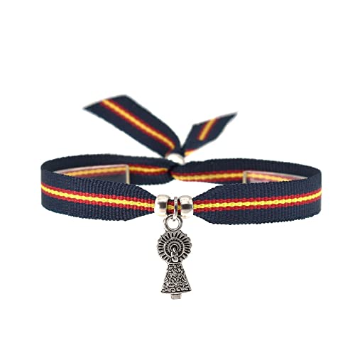 BDM Pulsera de Mujer y Hombre de Tela españa Azul Marino con la Virgen del Pilar y la Bandera de España.