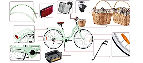 BDW Bicicleta de ciudad y trekking para mujer, de 28 pulgadas, para ciudad, trekking, 6 velocidades Shimano, cesta KOSTELNOS (verde)