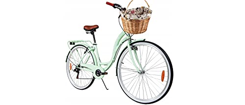 BDW Bicicleta de ciudad y trekking para mujer, de 28 pulgadas, para ciudad, trekking, 6 velocidades Shimano, cesta KOSTELNOS (verde)